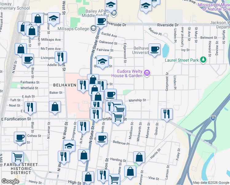 map of restaurants, bars, coffee shops, grocery stores, and more near 1355 North Jefferson Street in Jackson