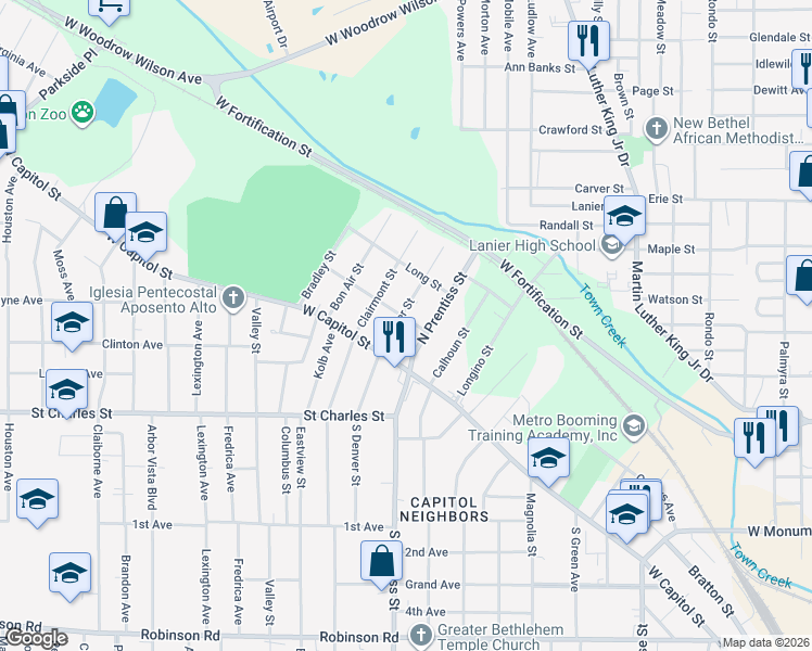 map of restaurants, bars, coffee shops, grocery stores, and more near 212 Denver Street in Jackson