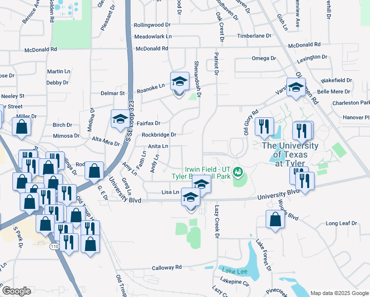 map of restaurants, bars, coffee shops, grocery stores, and more near 3100 Rosemary Lane in Tyler