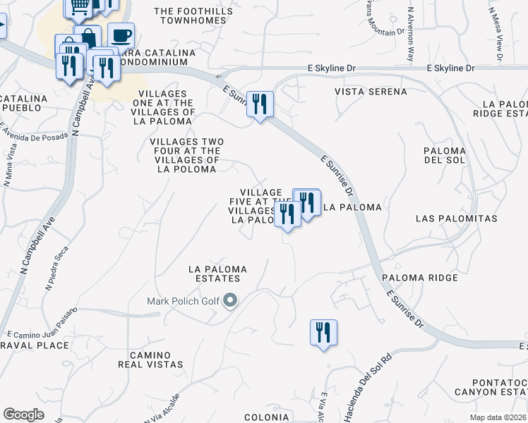 map of restaurants, bars, coffee shops, grocery stores, and more near 5998 North Campo Abierto in Tucson
