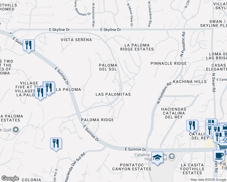 map of restaurants, bars, coffee shops, grocery stores, and more near 4056 East Vía Del Buho in Tucson