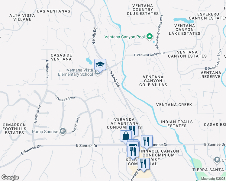 map of restaurants, bars, coffee shops, grocery stores, and more near 5855 North Kolb Road in Tucson