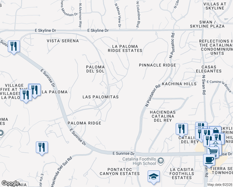 map of restaurants, bars, coffee shops, grocery stores, and more near 4108 East Hawks Wing Drive in Tucson