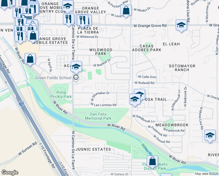 map of restaurants, bars, coffee shops, grocery stores, and more near 3007 West Coriander Drive in Tucson