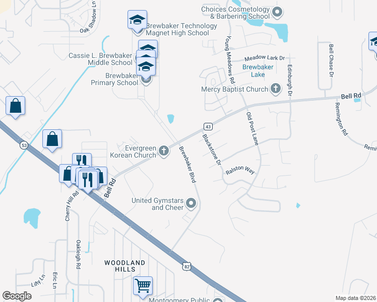 map of restaurants, bars, coffee shops, grocery stores, and more near 5801 Brewbaker Boulevard in Montgomery