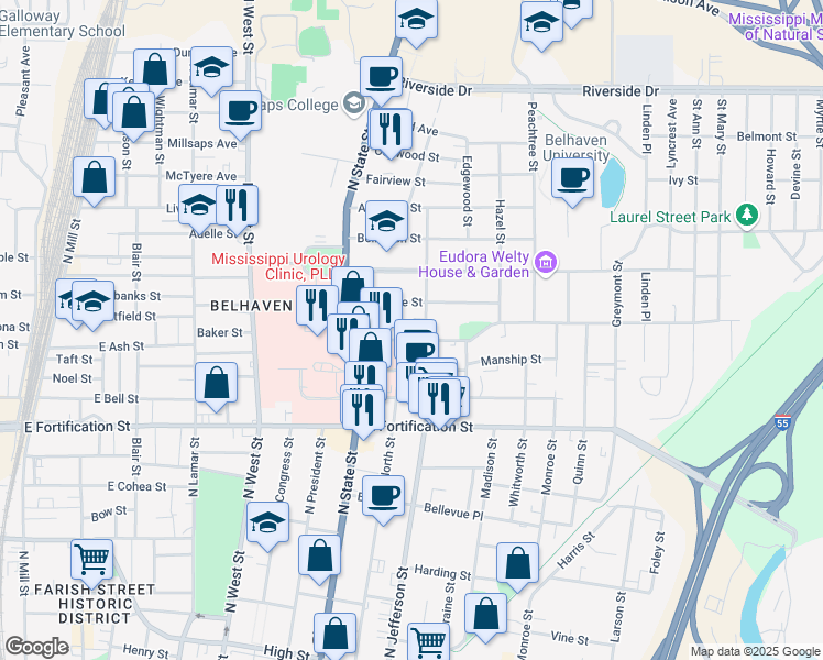 map of restaurants, bars, coffee shops, grocery stores, and more near 1355 North Jefferson Street in Jackson