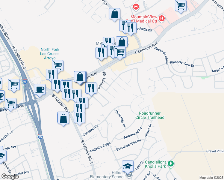 map of restaurants, bars, coffee shops, grocery stores, and more near 734 City View Drive in Las Cruces