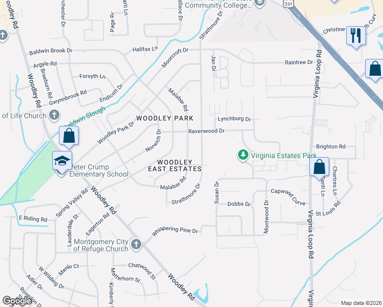 map of restaurants, bars, coffee shops, grocery stores, and more near 3929 Strathmore Drive in Montgomery