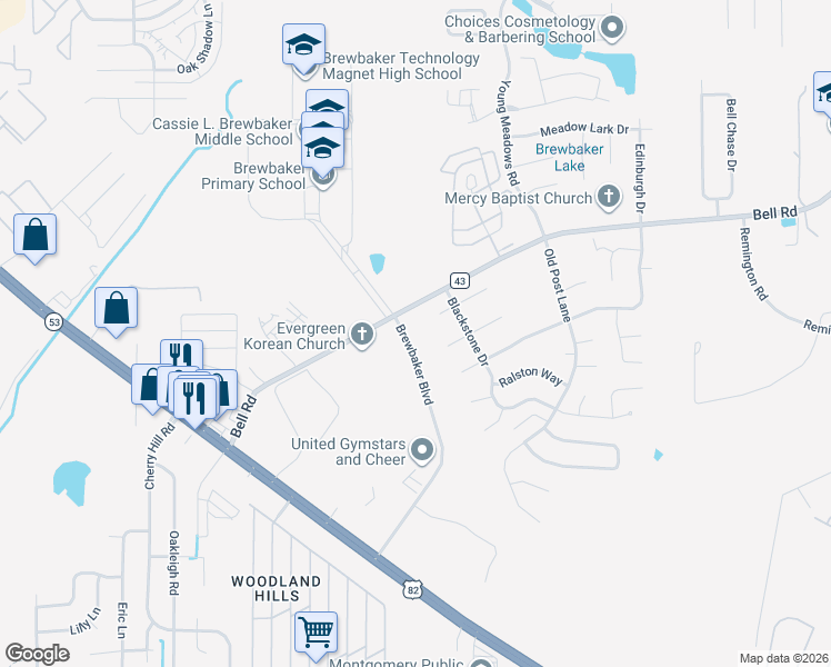 map of restaurants, bars, coffee shops, grocery stores, and more near 5801 Brewbaker Boulevard in Montgomery