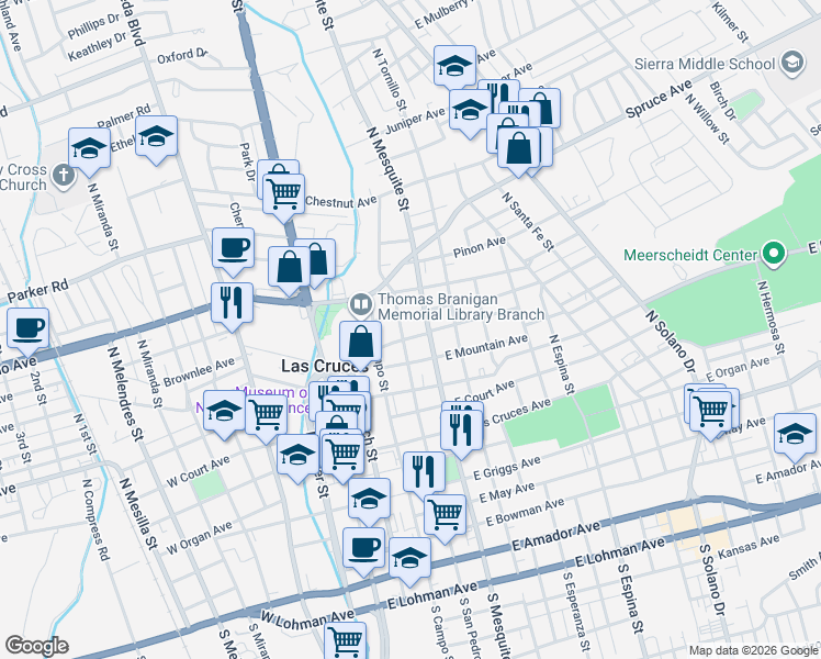 map of restaurants, bars, coffee shops, grocery stores, and more near 414 Augustine Avenue in Las Cruces