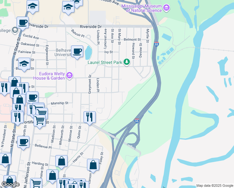 map of restaurants, bars, coffee shops, grocery stores, and more near 1708 Poplar Boulevard in Jackson
