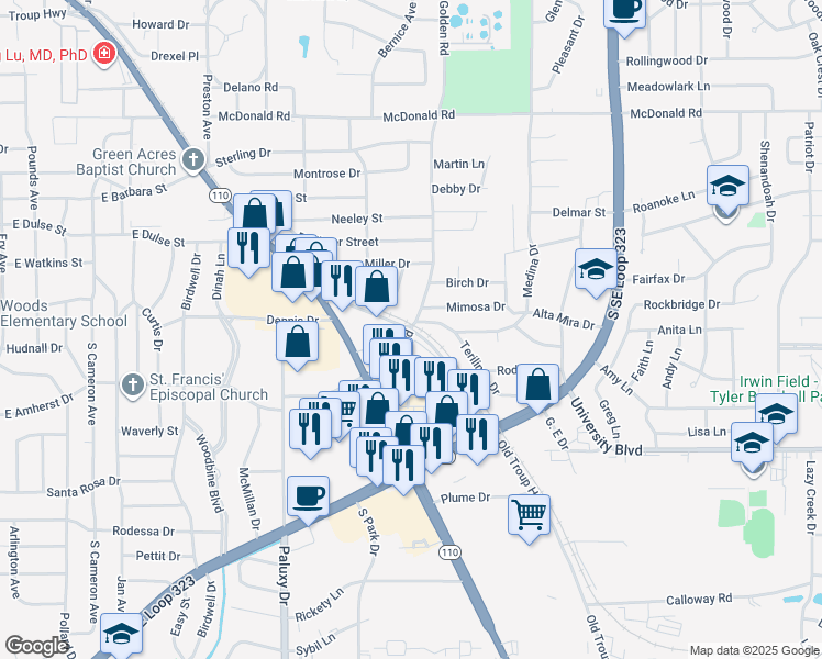 map of restaurants, bars, coffee shops, grocery stores, and more near 3100 Golden Road in Tyler