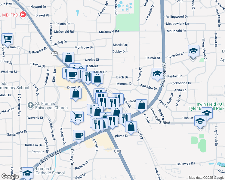 map of restaurants, bars, coffee shops, grocery stores, and more near 2217 Alta Mira Drive in Tyler