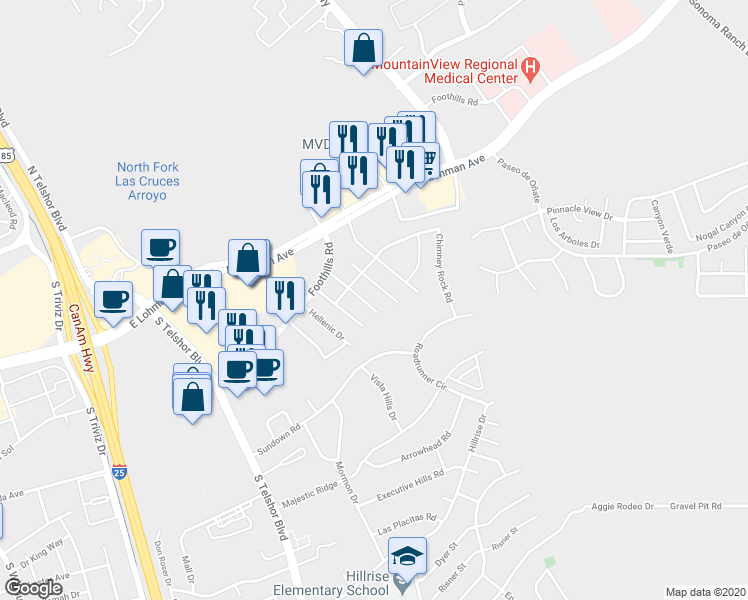 map of restaurants, bars, coffee shops, grocery stores, and more near 754 Scenic View Drive in Las Cruces