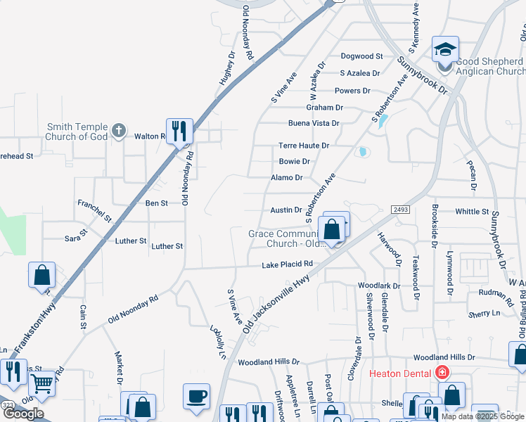 map of restaurants, bars, coffee shops, grocery stores, and more near 1726 Austin Drive in Tyler