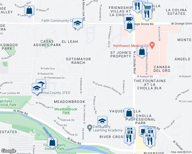 map of restaurants, bars, coffee shops, grocery stores, and more near 5961 North Mona Lisa Road in Tucson