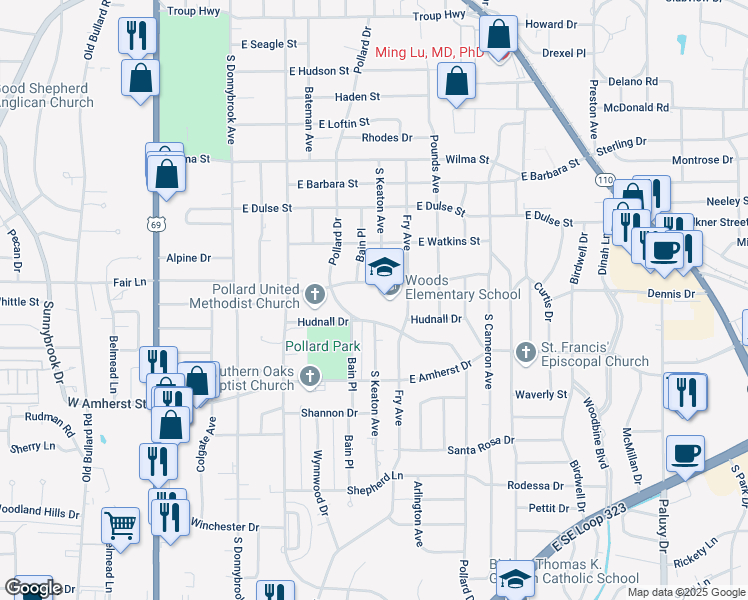 map of restaurants, bars, coffee shops, grocery stores, and more near 809 Clyde Drive in Tyler