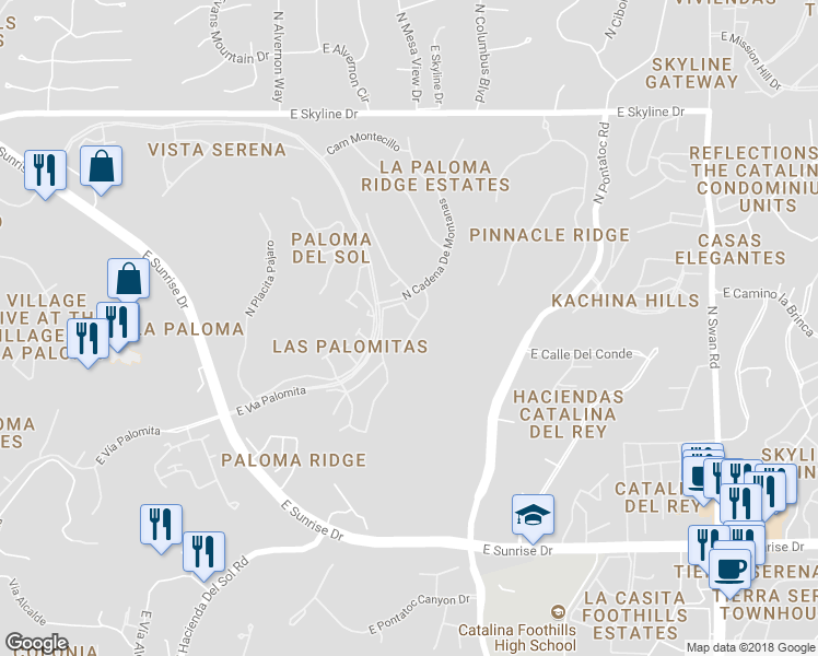map of restaurants, bars, coffee shops, grocery stores, and more near 5997 North Moon Crest Drive in Tucson