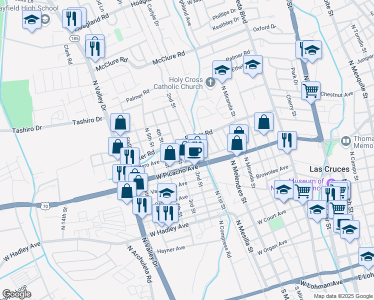 map of restaurants, bars, coffee shops, grocery stores, and more near 1005 1/2 2nd Street in Las Cruces