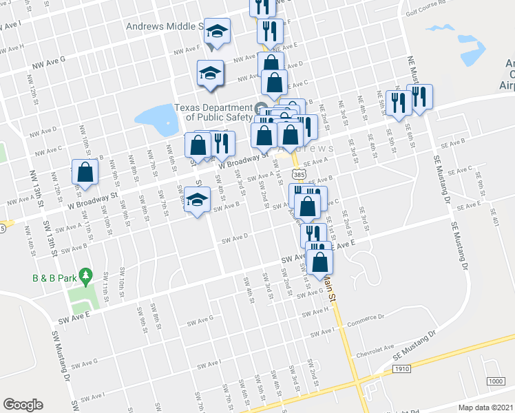 map of restaurants, bars, coffee shops, grocery stores, and more near 304 Southwest Avenue C in Andrews