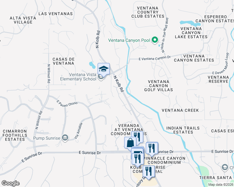 map of restaurants, bars, coffee shops, grocery stores, and more near 5855 North Kolb Road in Tucson