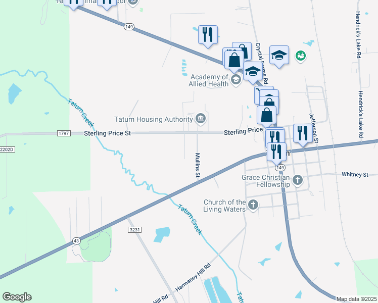 map of restaurants, bars, coffee shops, grocery stores, and more near 255 Mullins Street in Tatum