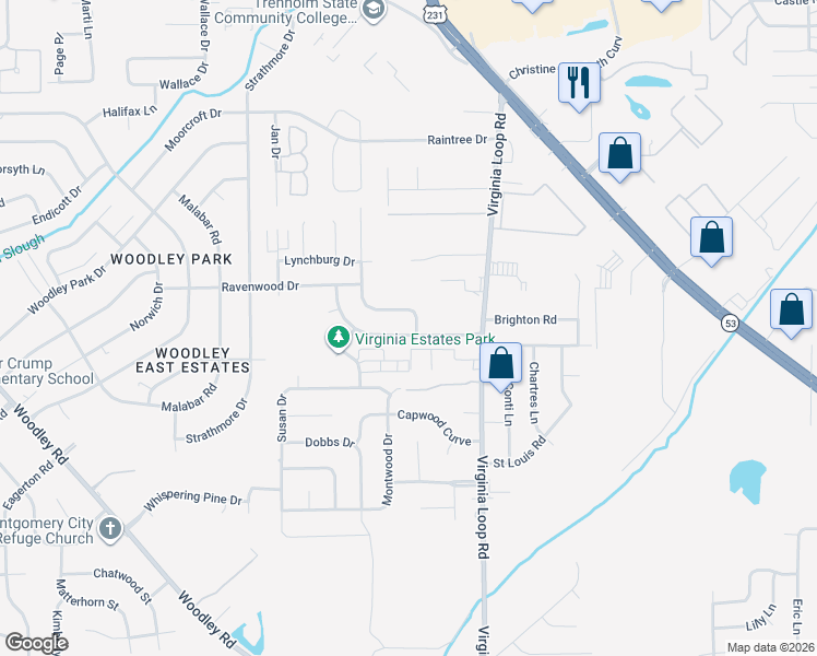 map of restaurants, bars, coffee shops, grocery stores, and more near 3044 Shenandoah Drive in Montgomery