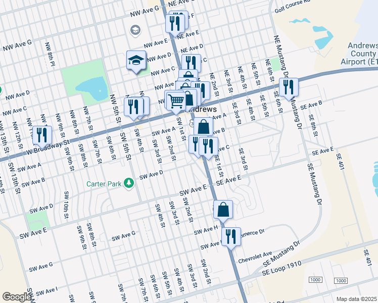 map of restaurants, bars, coffee shops, grocery stores, and more near 102 SW Ave C in Andrews