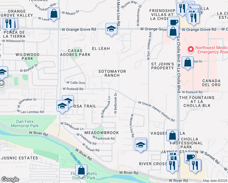 map of restaurants, bars, coffee shops, grocery stores, and more near 5991 North Belbrook Drive in Tucson