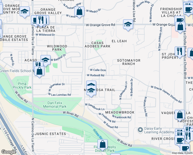 map of restaurants, bars, coffee shops, grocery stores, and more near 5814 North Shannon Road in Tucson