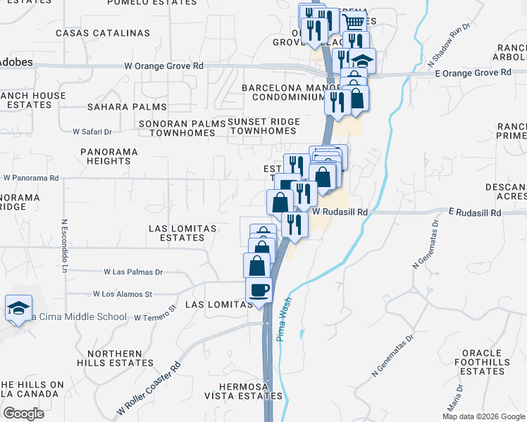 map of restaurants, bars, coffee shops, grocery stores, and more near 617 West Panorama Vista Drive in Tucson
