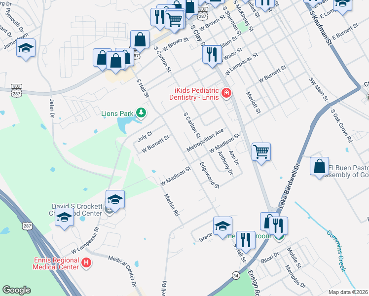 map of restaurants, bars, coffee shops, grocery stores, and more near 907 Edgewood Street in Ennis
