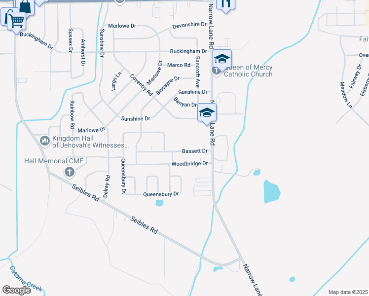 map of restaurants, bars, coffee shops, grocery stores, and more near 1225 Bassett Drive in Montgomery