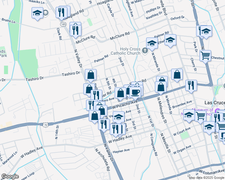 map of restaurants, bars, coffee shops, grocery stores, and more near 1104 Parker Road in Las Cruces