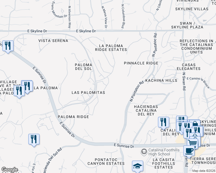 map of restaurants, bars, coffee shops, grocery stores, and more near 6018 North Moon Crest Drive in Tucson