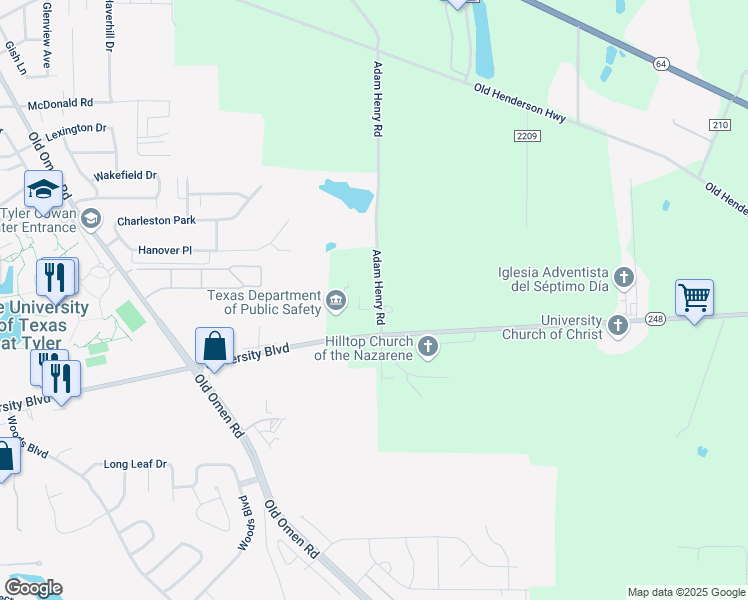 map of restaurants, bars, coffee shops, grocery stores, and more near 2 Adam Henry Road in Tyler