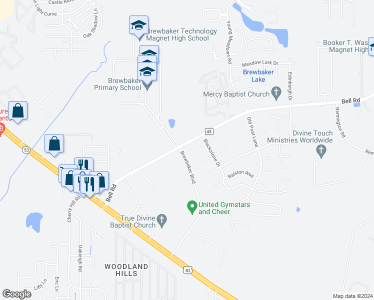 map of restaurants, bars, coffee shops, grocery stores, and more near 5801 Brewbaker Boulevard in Montgomery