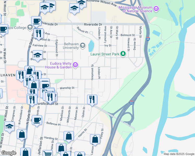 map of restaurants, bars, coffee shops, grocery stores, and more near 1500 Poplar Boulevard in Jackson