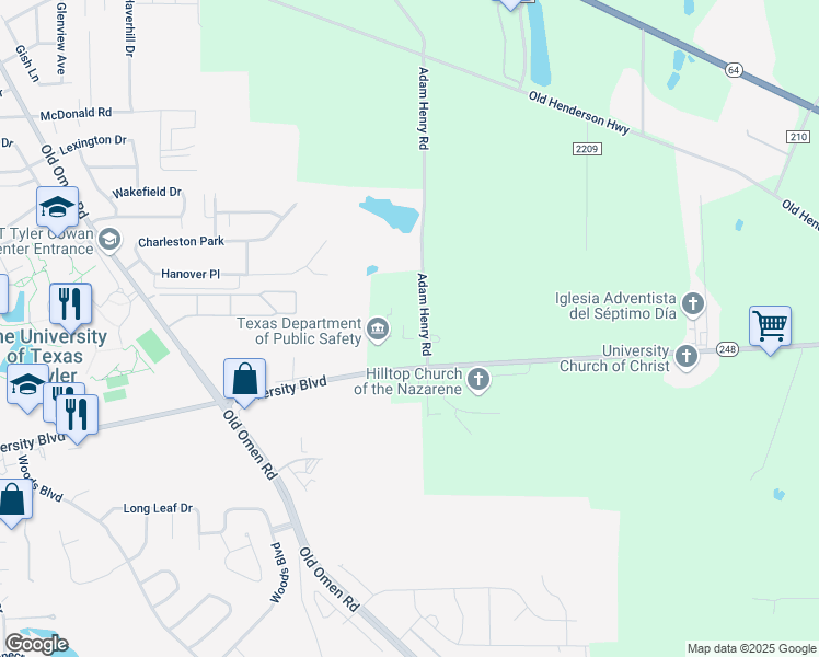 map of restaurants, bars, coffee shops, grocery stores, and more near 2 Adam Henry Road in Tyler