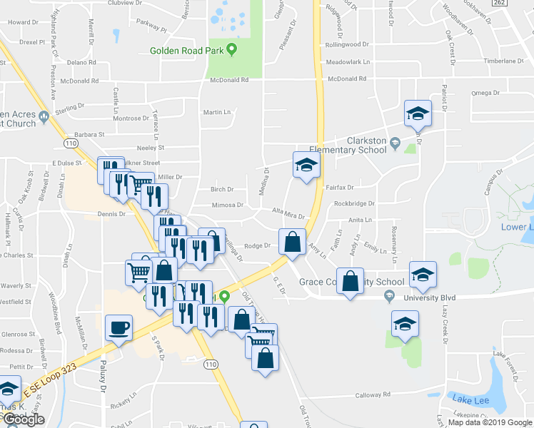 map of restaurants, bars, coffee shops, grocery stores, and more near 2509 Alta Mira Drive in Tyler