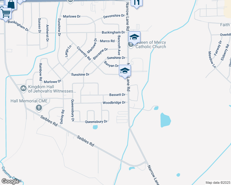 map of restaurants, bars, coffee shops, grocery stores, and more near 1251 Bassett Drive in Montgomery