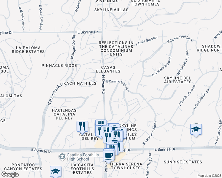 map of restaurants, bars, coffee shops, grocery stores, and more near 6011 North Camino Hombre De Oro in Tucson