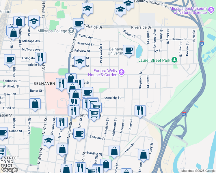 map of restaurants, bars, coffee shops, grocery stores, and more near 944 Poplar Boulevard in Jackson
