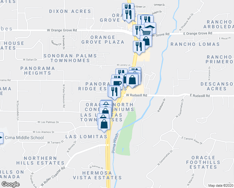 map of restaurants, bars, coffee shops, grocery stores, and more near 6001 North Oracle Road in Tucson