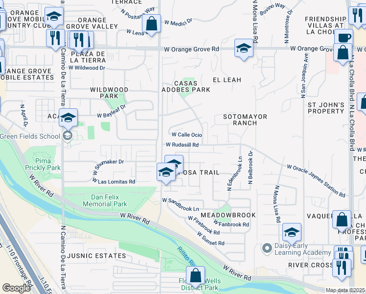 map of restaurants, bars, coffee shops, grocery stores, and more near 5814 North Shannon Road in Tucson