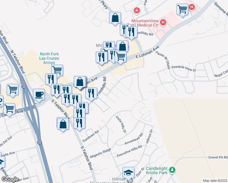 map of restaurants, bars, coffee shops, grocery stores, and more near 733 City View Drive in Las Cruces