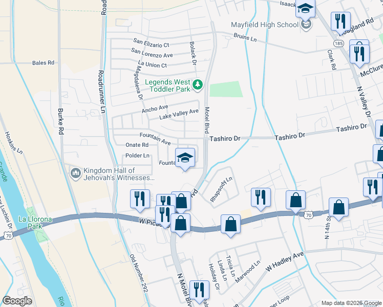 map of restaurants, bars, coffee shops, grocery stores, and more near 1266 Fountain Loop in Las Cruces