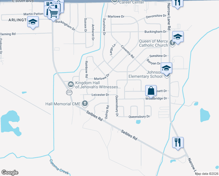 map of restaurants, bars, coffee shops, grocery stores, and more near 4601 Delray Road in Montgomery