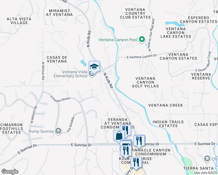 map of restaurants, bars, coffee shops, grocery stores, and more near 5855 North Kolb Road in Tucson