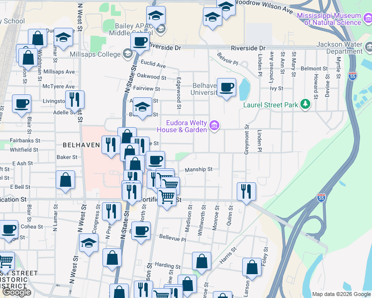 map of restaurants, bars, coffee shops, grocery stores, and more near in Jackson